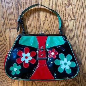Vintage Isabella Fiore Patent Leather Flower Purse ClipClose Black/Red/Teal Rare